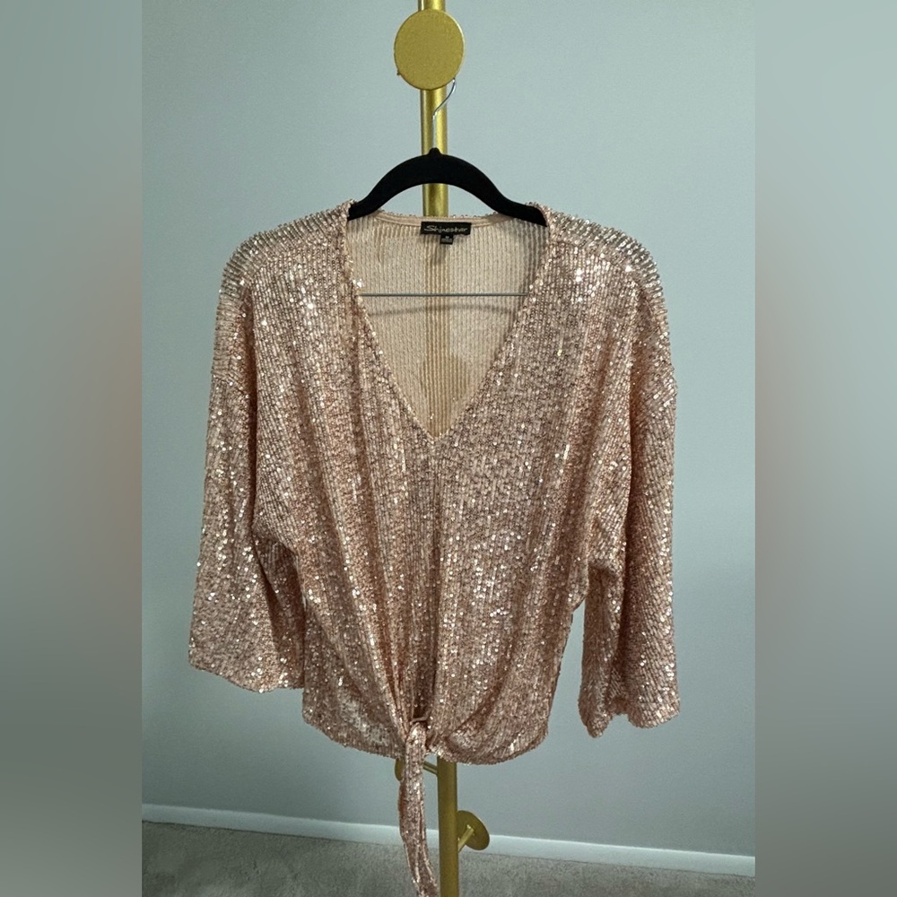 Shinestar Sparkling Sequin Tie-Front Blouse - Rose Gold